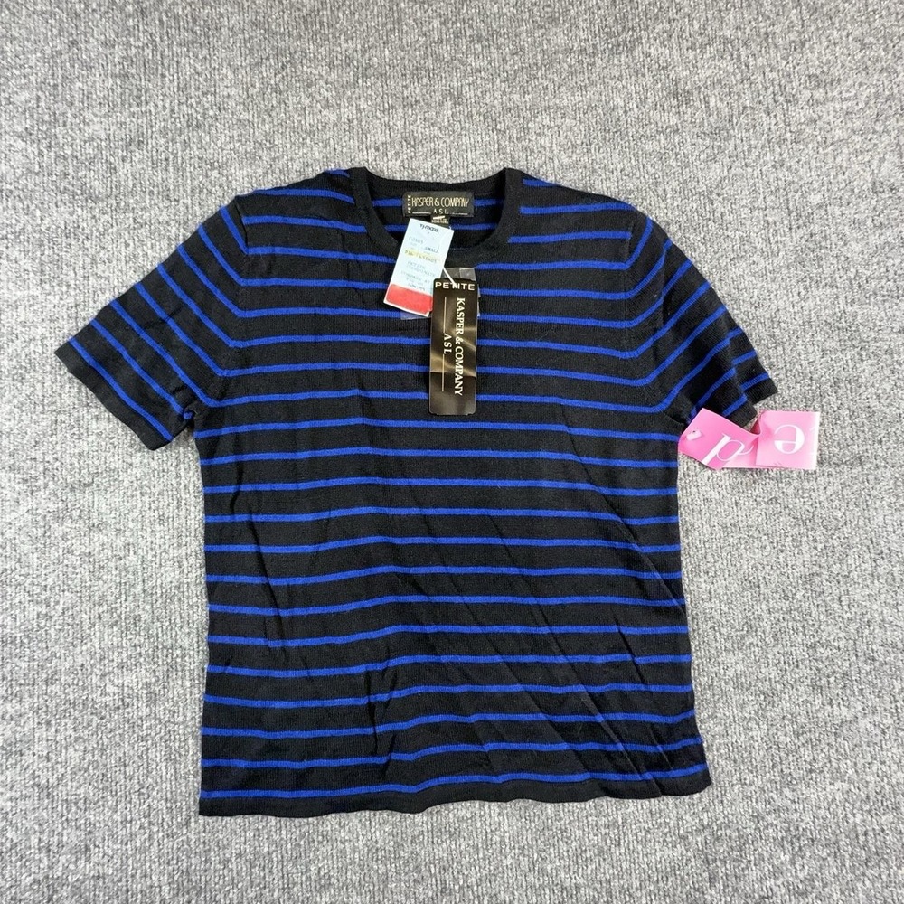 Vintage Kasper & Company ASL Sweater Womens Petite S Black Striped Short Sleeve